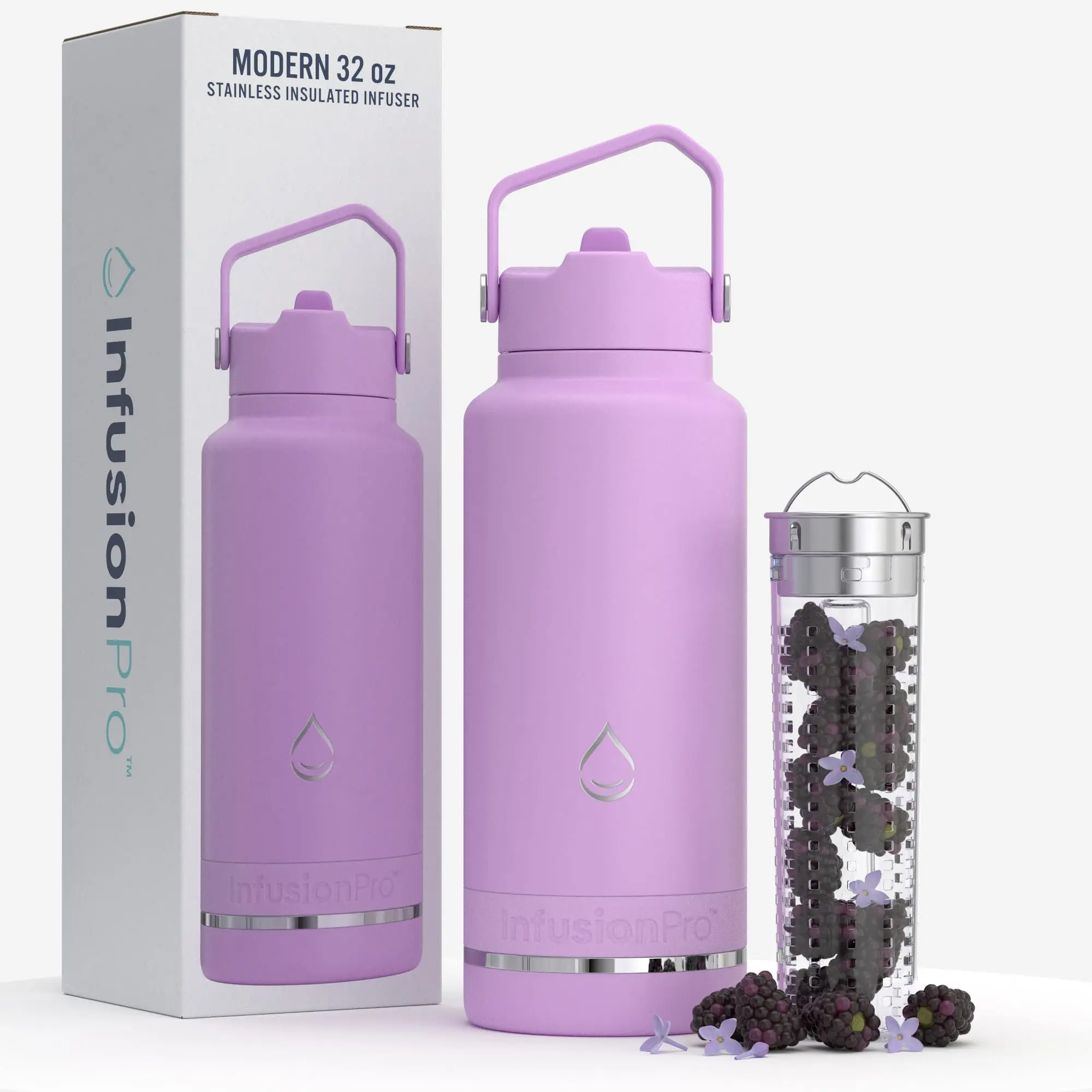 Infusion Pro Fruit Infuser Water Bottle with Straw Lid (32 oz) Stainless Steel Vacuum Insulated : 50 Recipe Fruit Infusion eBook : Large Infuser for More Flavor : Easy Cleaning : Great Gift