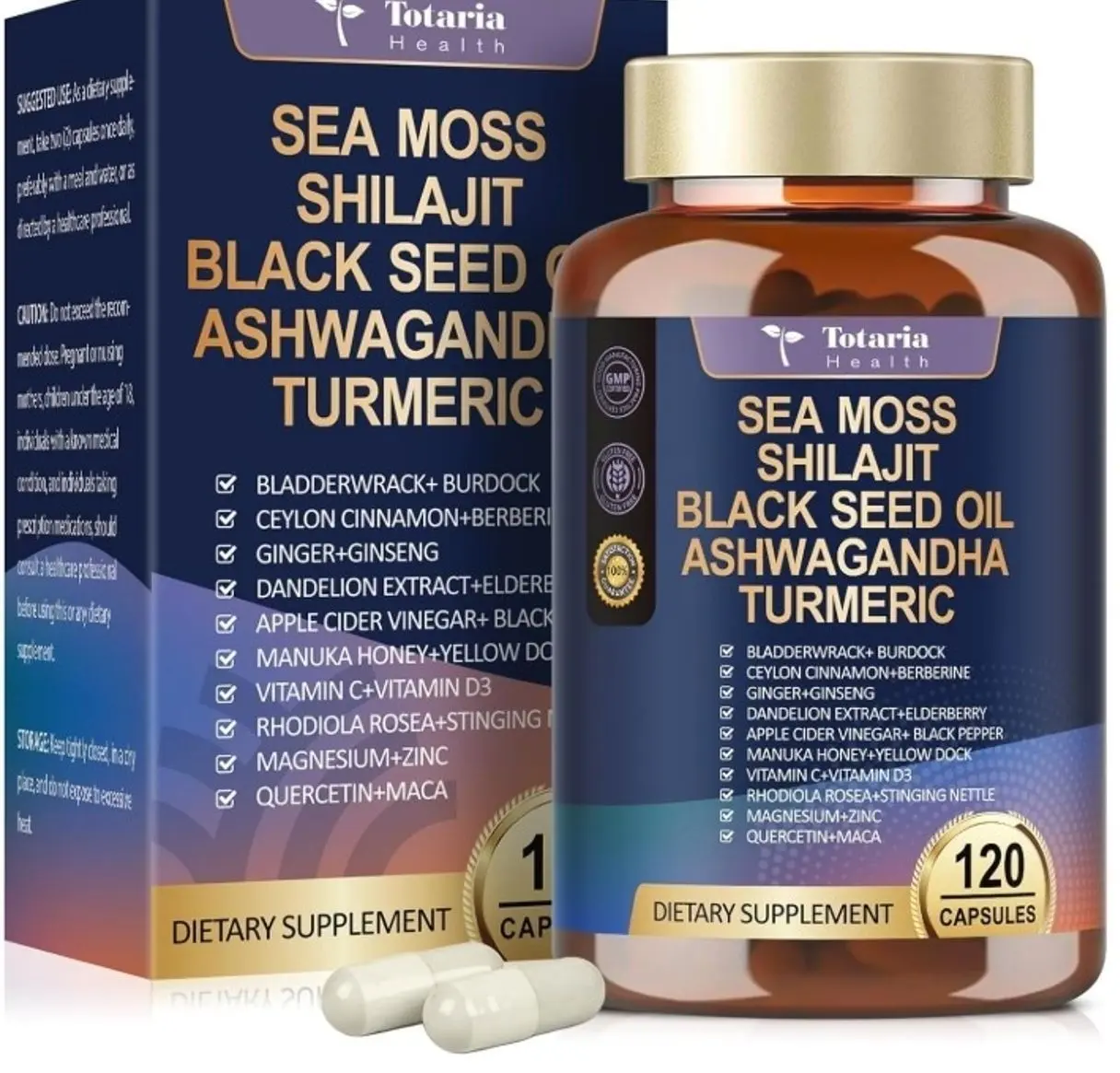 25-in-1 Sea Moss Black Seed Oil Ashwagandha Ginger Shilajit Supplement, Sea Moss Capsules Pro with Bladder Burdock Ceylon Cinnamon Berberine ACV Manuka VIT C & D3 for Men Women, 120 Vegan Caps