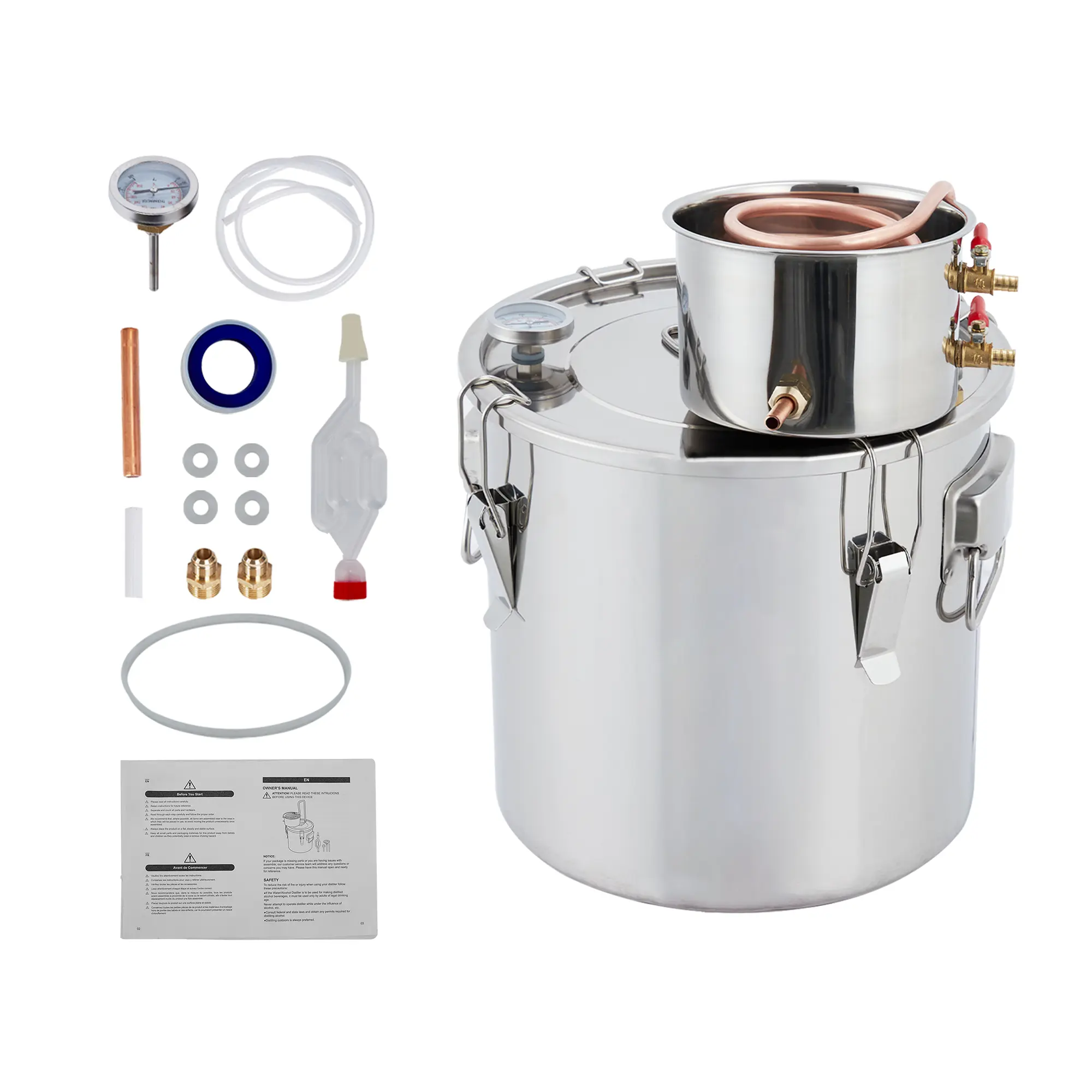 Complete Home Distilling Equipment Set with Thumper Keg and Copper Tubing, Stainless Steel Alcohol Still for Whiskey Brandy Wine Making