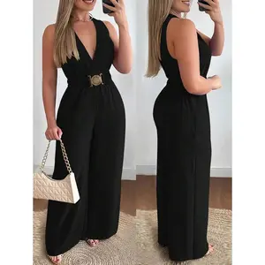 Women's Elegant V-Neck Metal Buckle Waist Belted Wide Leg Jumpsuit, Vacation Wear