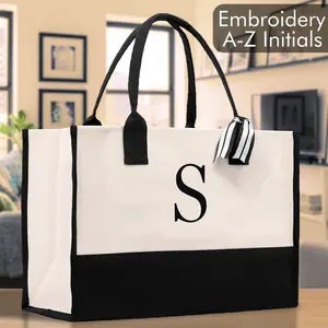 Personalized Monogram Embroidery Cotton Canvas Beach Tote Bag Initial Tote Bridesmaid Gift Tote Custom Beach Bag Gift for Her A-Z - Black