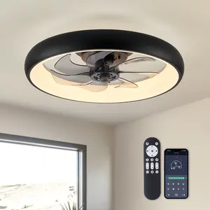 Ceiling Fans with Lights 20'' Flush Mount Fan Remote & APP Control Black Low Profile 6 Wind Speeds Smart Dimmable LED for Bedroom Living Room