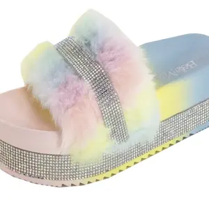 Women's Faux Fur Rhinestone Platform Slide Crystal Mid Heel Slipper Sandal with Colorful Design and Metallic Finish - Walking Shoes