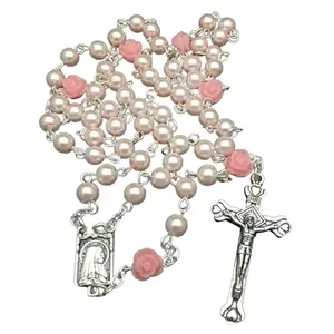 Glass Bead Cross Pendant Rosary Necklace, Christian Unisex Religious Home Decor Ornament