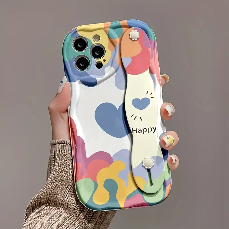 Shockproof Cream Pattern Wristband Smartphone Cellphone Casing - Happy Graffiti Design with Colorful Hearts, Bubbles, Protective Accessories for iPhone 17 Pro Max/16/15/14/13/12/11, Cover