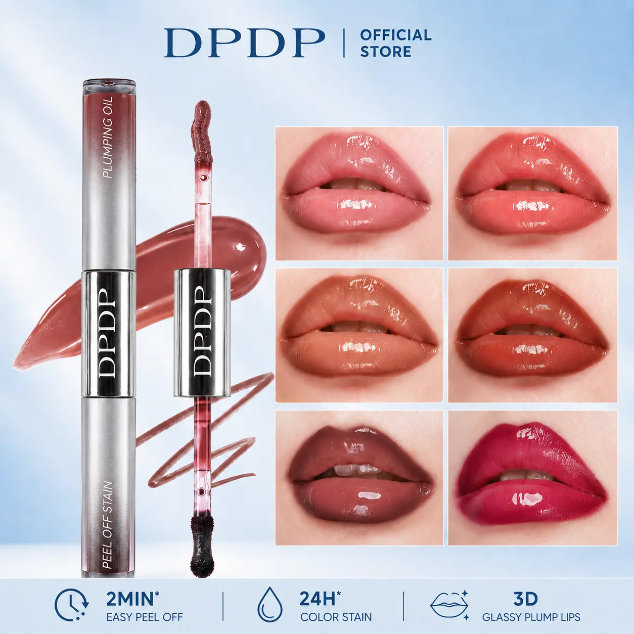 DPDP 2-in-1 Peel-Off Lip Liner Stain & Plumping Lip Gloss Duo, Long-Lasting Transfer-Resistant Stain with Hydrating High-Shine Gloss