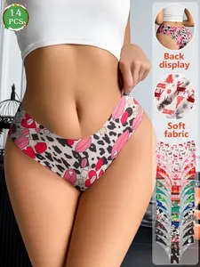 14-piece set of Christmas-themed women's panties featuring Santa Claus, reindeer, stars, and various patterns, perfect for wearing during Christmas, Valentine's Day, and Halloween.