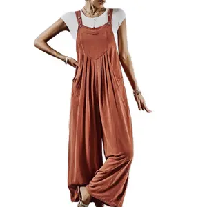 Rust Linen Wide Leg Overalls with Pockets and Button Detail S M L XL Women's Fashionable Jumpsuits Comfortable Stylish Women's Wear