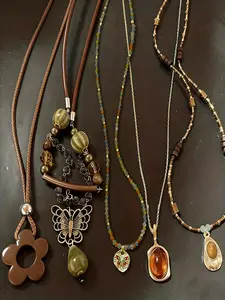 Boho Style Vintage Handmade Beaded Pendant Necklace Set, Charms Necklace, Geometric Long Leather Cord Layered Mixed Necklaces for Women