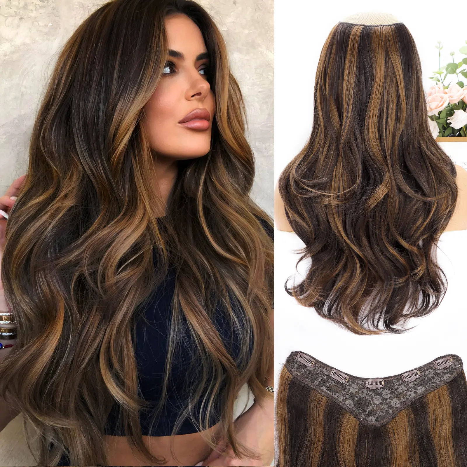 HIUSVO Clip in Hair Extensions, Long Wavy Layered Synthetic Hair Extensions for Women  Invisible Wire Hair Extensions Soft Hairpieces 20 Inch