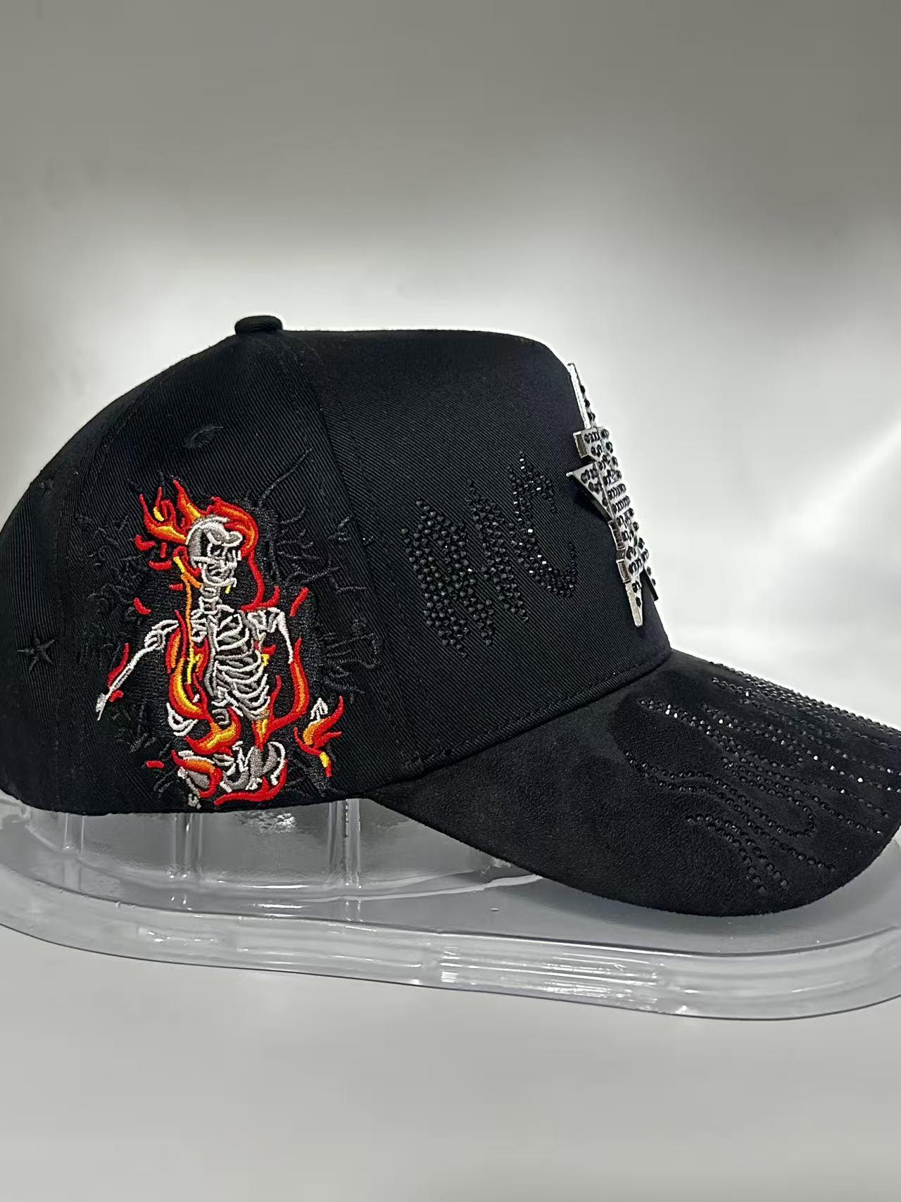 Flaming Skeleton Rhinestone Streetwear Snapback Hat - Black Embroidered Hip Hop Baseball Cap, Unisex Adjustable Urban Street Style Headwear