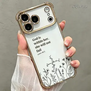 Faith Quote Phone Case for iPhone 17 16 15 14 13 12 11 Pro Max Plus Air, God Within Her Floral Clear TPU Shockproof Metallic Edge Cover DDSJ260627031
