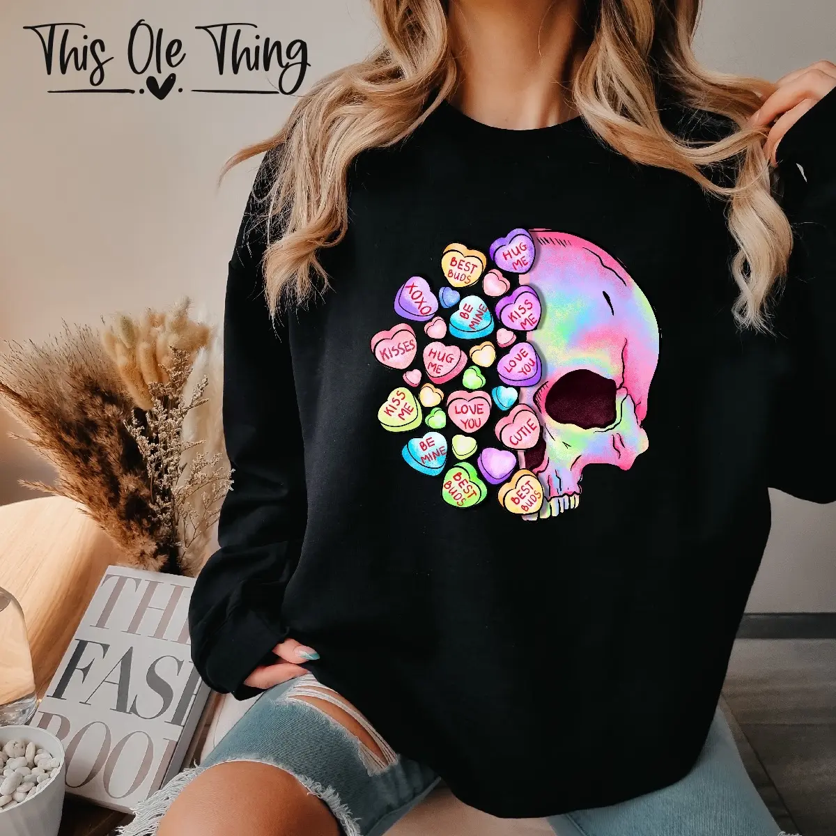 Valentine message heart skelly crewneck sweater shirt Womenswear Tops Hoodie Underwear valentine sweatshirt sweatshirts women