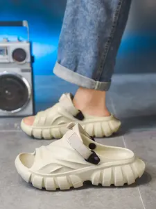 Men's All-Black Techwear Platform Slides, Cool Dark Style, One-Piece Material + Velcro Strap + Lug Platform Sole, Unique Style, Soft Cushioned Fit , Ideal for Daily Home & Light Outdoor Scenarios