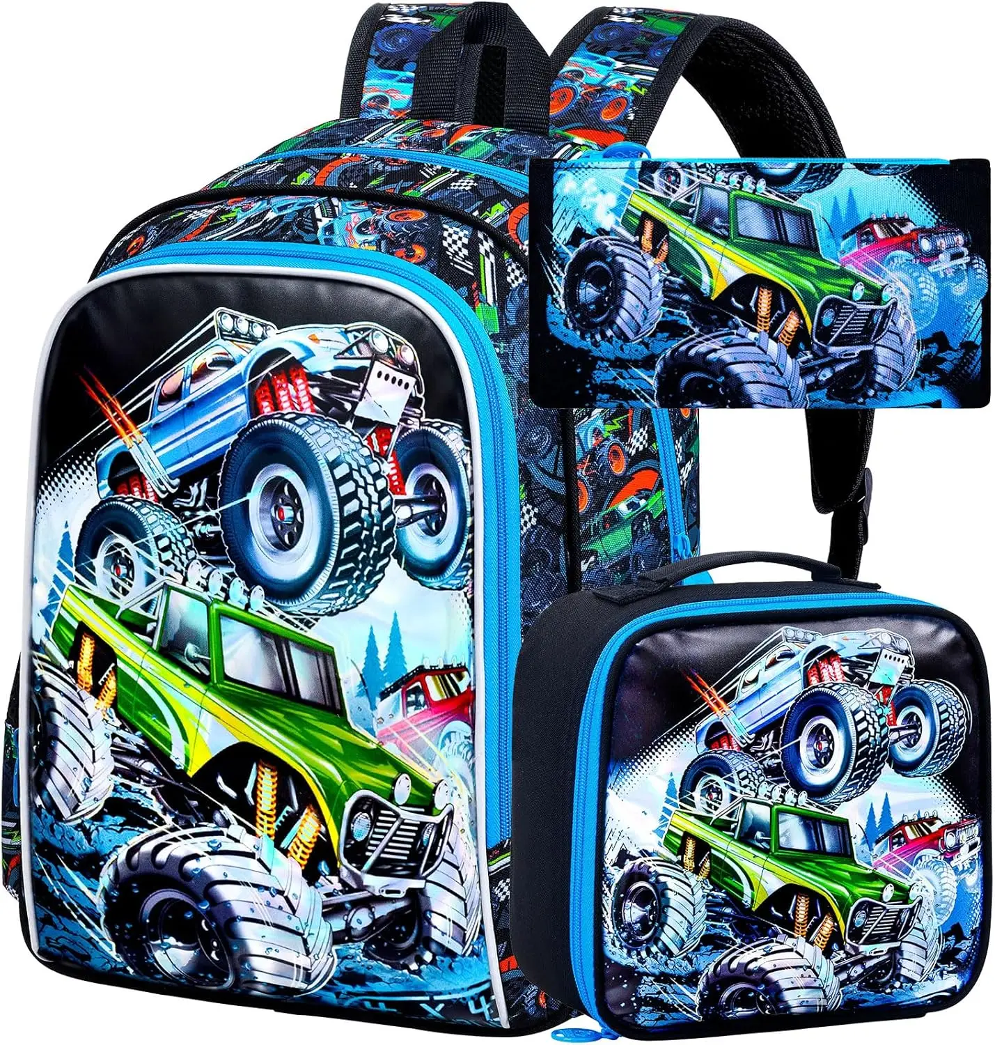 3PCS Backpack for Boys, 16'' Kids Water Resistant Preschool Backpacks Set, Cool Off-Road Truck School Bookbag for Elementary Kindergarten Travel