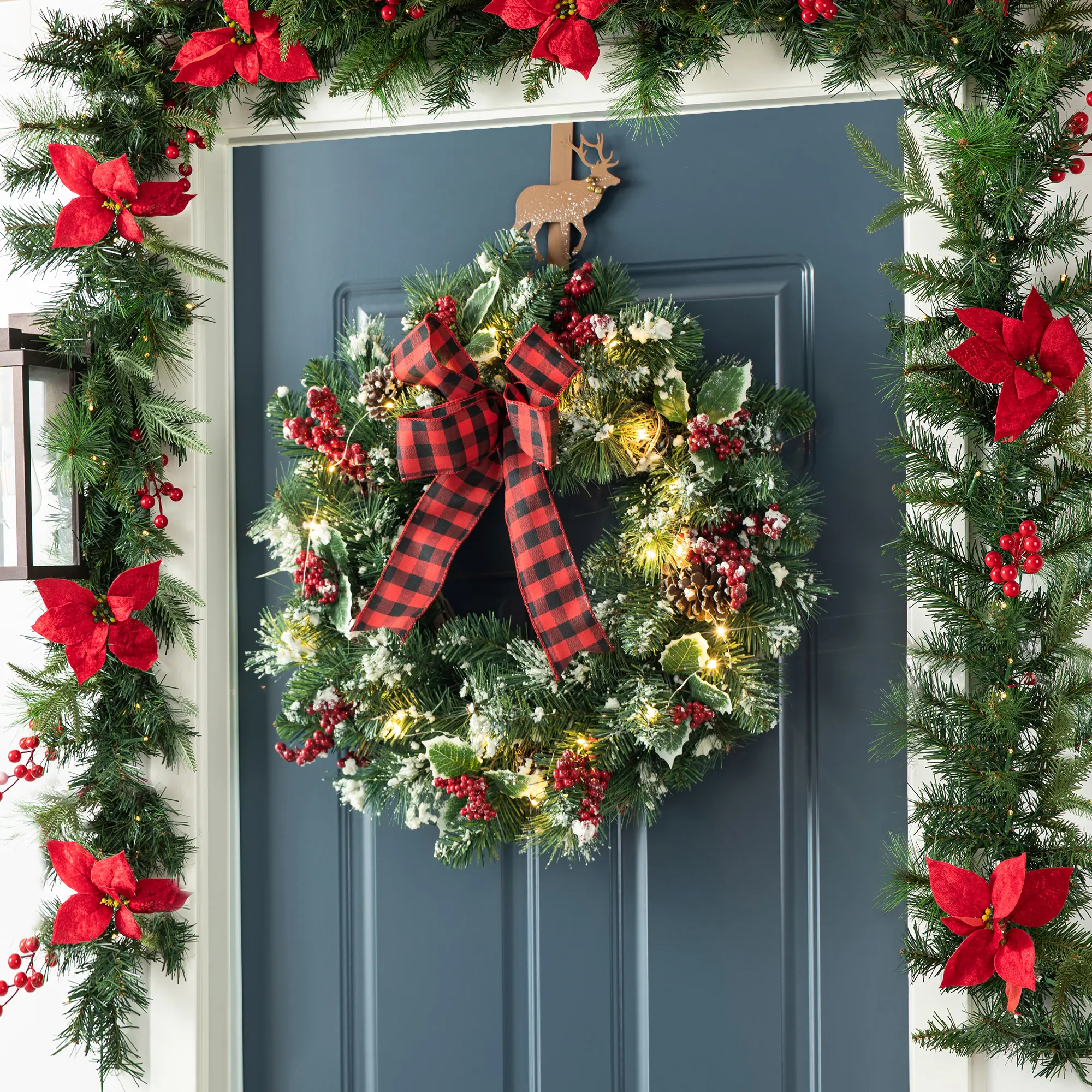 Glitzhome 24-in Waterproof Metal Christmas Wreath with Snow Berry Twigs, Ball, Pinecones, Holly, Pine, Lights, Timer – Ideal for Wall, Door, Tree Decor