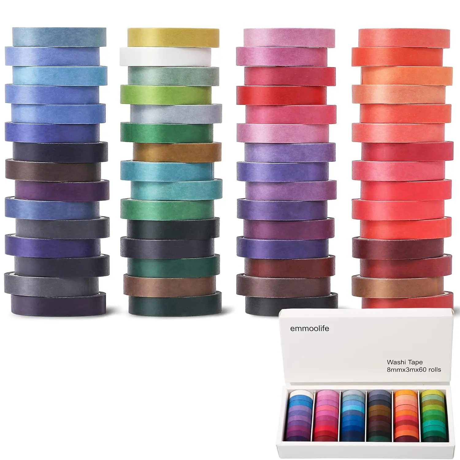 emmoolife Washi Tape Scrapbooking Set - 60 Rolls 8mm Wide 10ft Long Colorful Writable Crafting Tape for Scrapbooking, DIY Projects, Children Gifts, Boosts Creative Possibilities