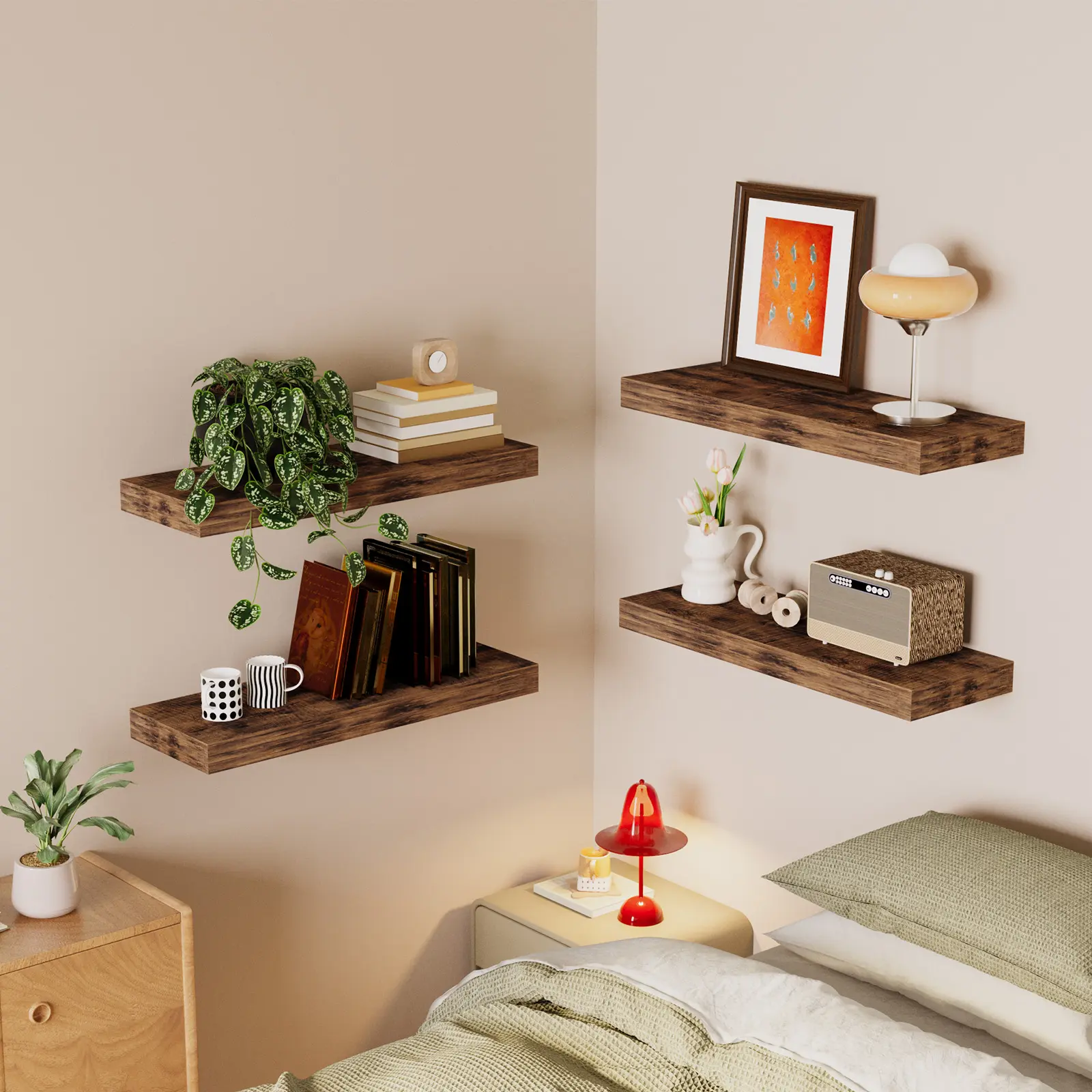 FIXWAL 4Pcs 40cm Embossed MDF Floating Wall Shelves with Metal Mount, Decor Photo Display Storage Rack, Multiple Wood Grain Finishes for Bedroom, Living Room