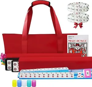 2026 American Mahjong Game Set with Red Carrying Bag,166 Premium White Tiles (1.2''), All-in-One Color Rack/Pushers, Chips, Wind Indicator, English Manual, Complete Mah jongg, Mahjong Tiles Set