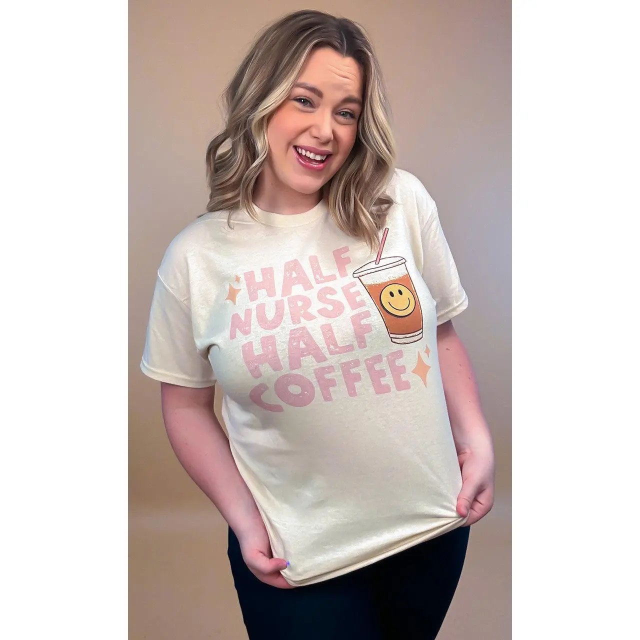Tees2urdoor Women's Casual Cotton Graphic T-Shirt, Distressed "Half Nurse Half Coffee" Short Sleeve Top for Nurses, Layers with Cardigans