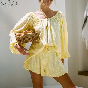 Women Plaid Outfit, Long Sleeve Tie-up Crew Neck T-shirt with Elastic Waist Shorts Summer Outfit