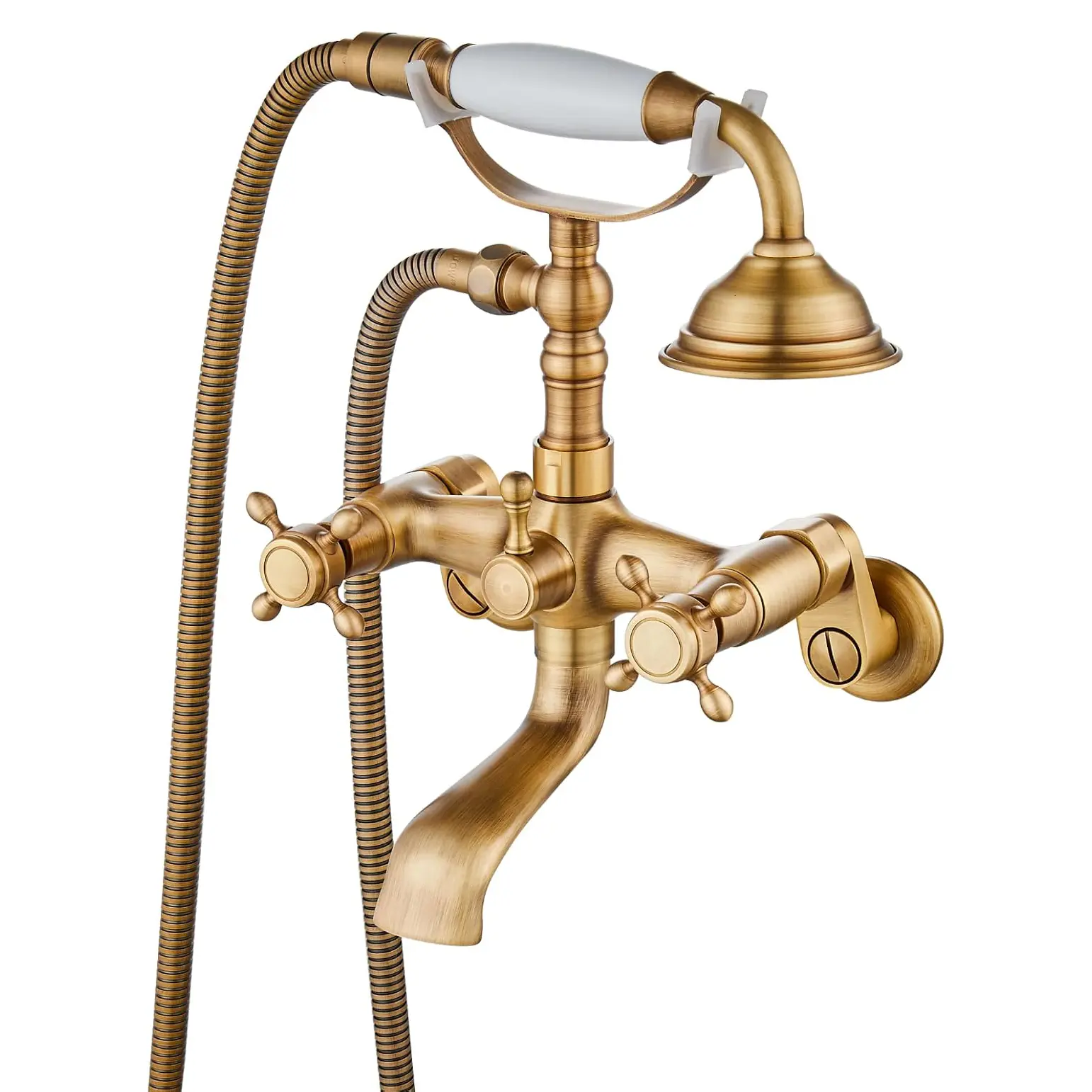 Antique Brass Metal Dual Handle Tub Taps - 2-Function Wall-Mount Faucet with Handheld Sprayer, Cross Handles, Hot & Cold Swivel Spout, Telephone-Shape Shower Kit, 1/2 NPT Adapter, Hose Attachment, Hardware, Body, Manual