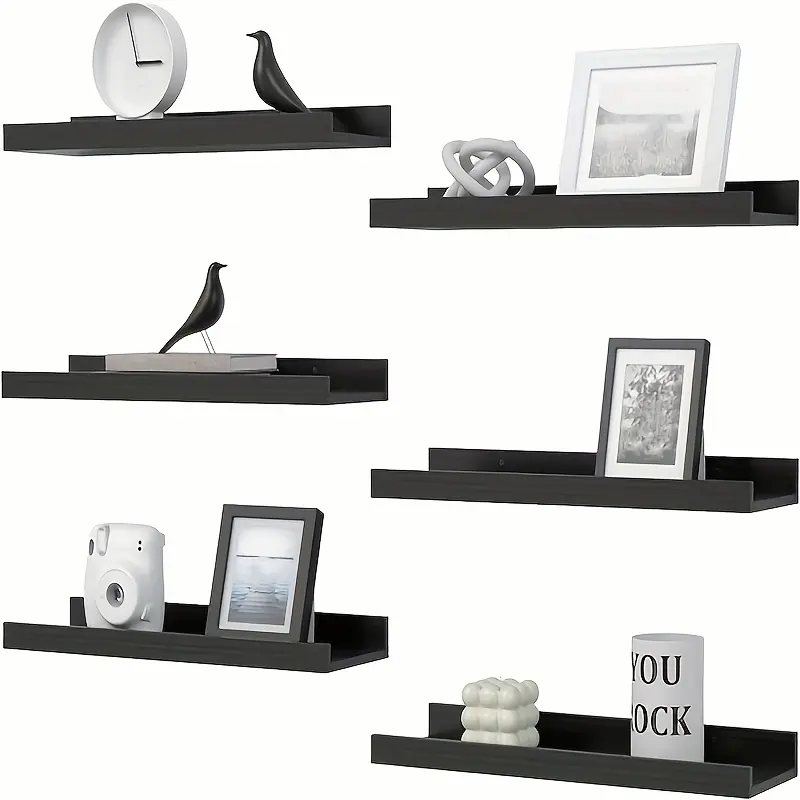 6pcs 6pcs (6pcs Suitable for Bathroom, Kitchen, Living Room) Carbonized Black Floating Shelves - Rustic Oak Wood Wall-Mounted Shelf with Oak, Adjustable Length Suitable for Plants, Books, Decor, Assembly for Office Storage, Floating Shelves