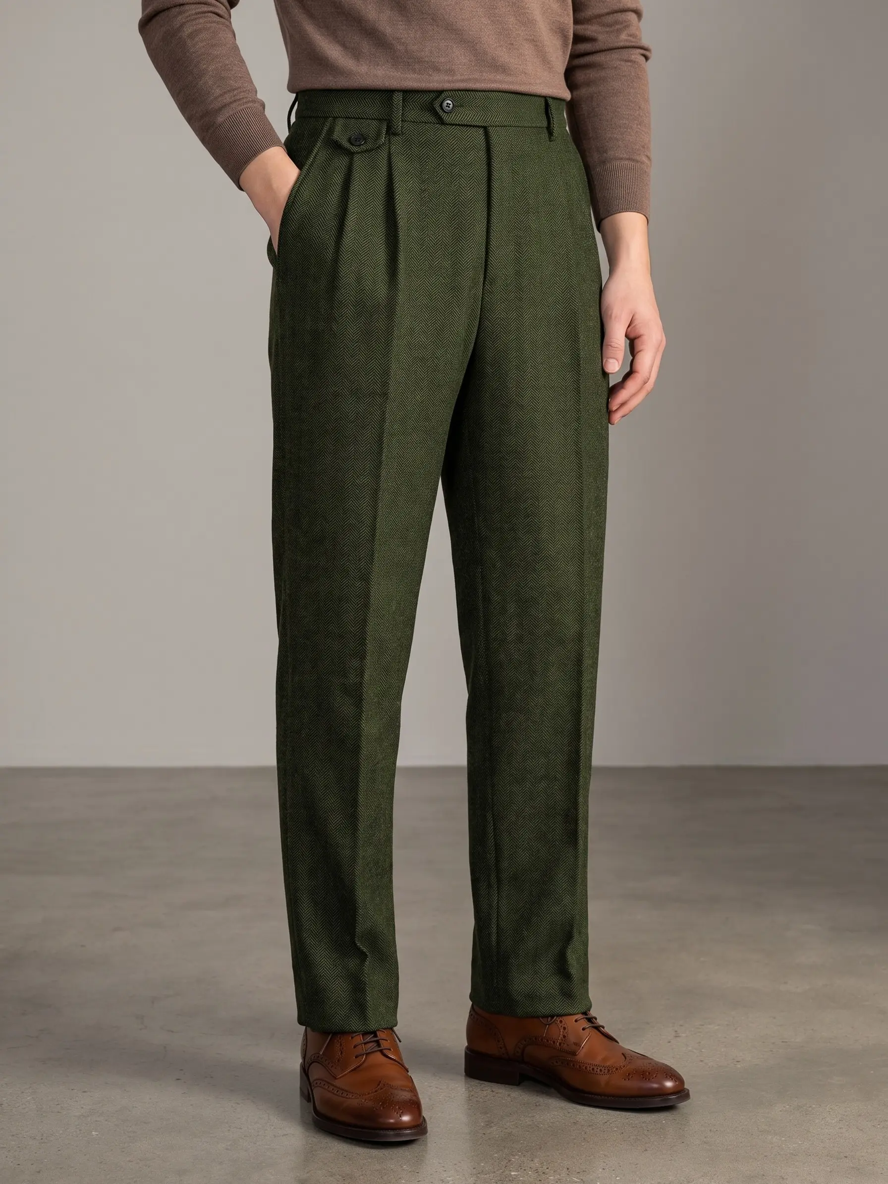 Men's Retro Vintage Herringbone Tweed Dress Pants - Polyester Blend Menswear with Buttons, Dressy Enough for Weddings and Events, Holiday Formal & Business Wear