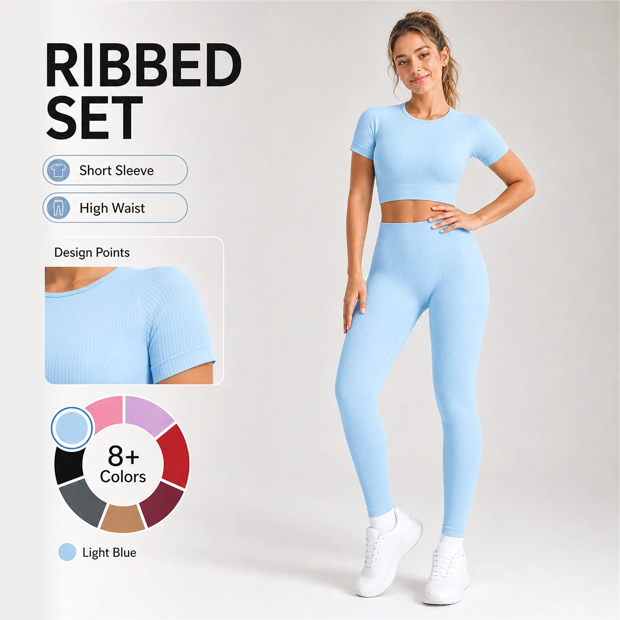 2PCS Women's Yoga Workout Set! Ribbed High-Waist Leggings & Short Sleeve Top, Butt Lifting & Tummy Control, Soft Stretchy Breathable Fabric, Non-See-Through, Great for Gym & Yoga Sessions