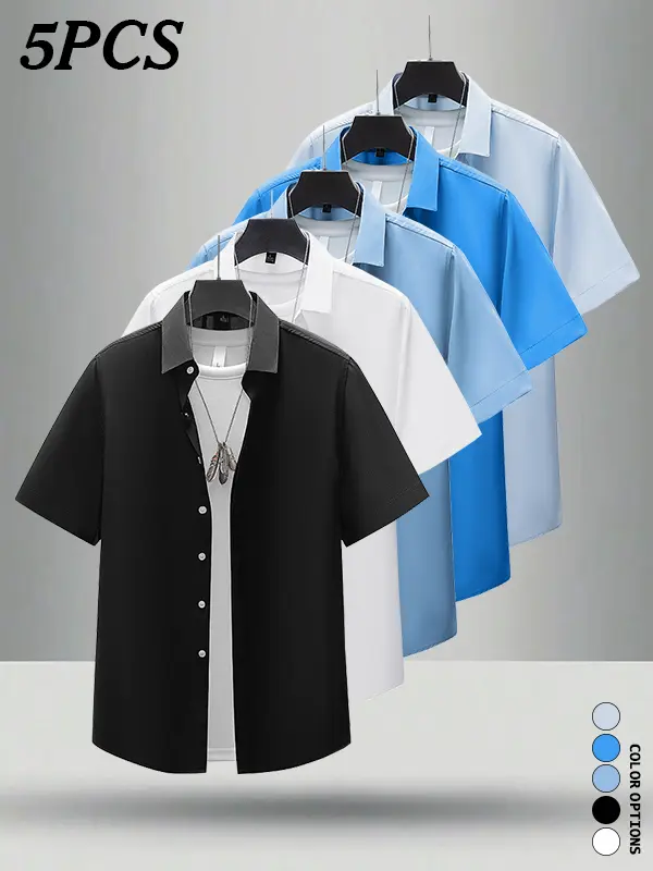 Pack of 5 casual short-sleeve shirts for summer, white, double-breasted button design, stylish multifunctional men’s tops