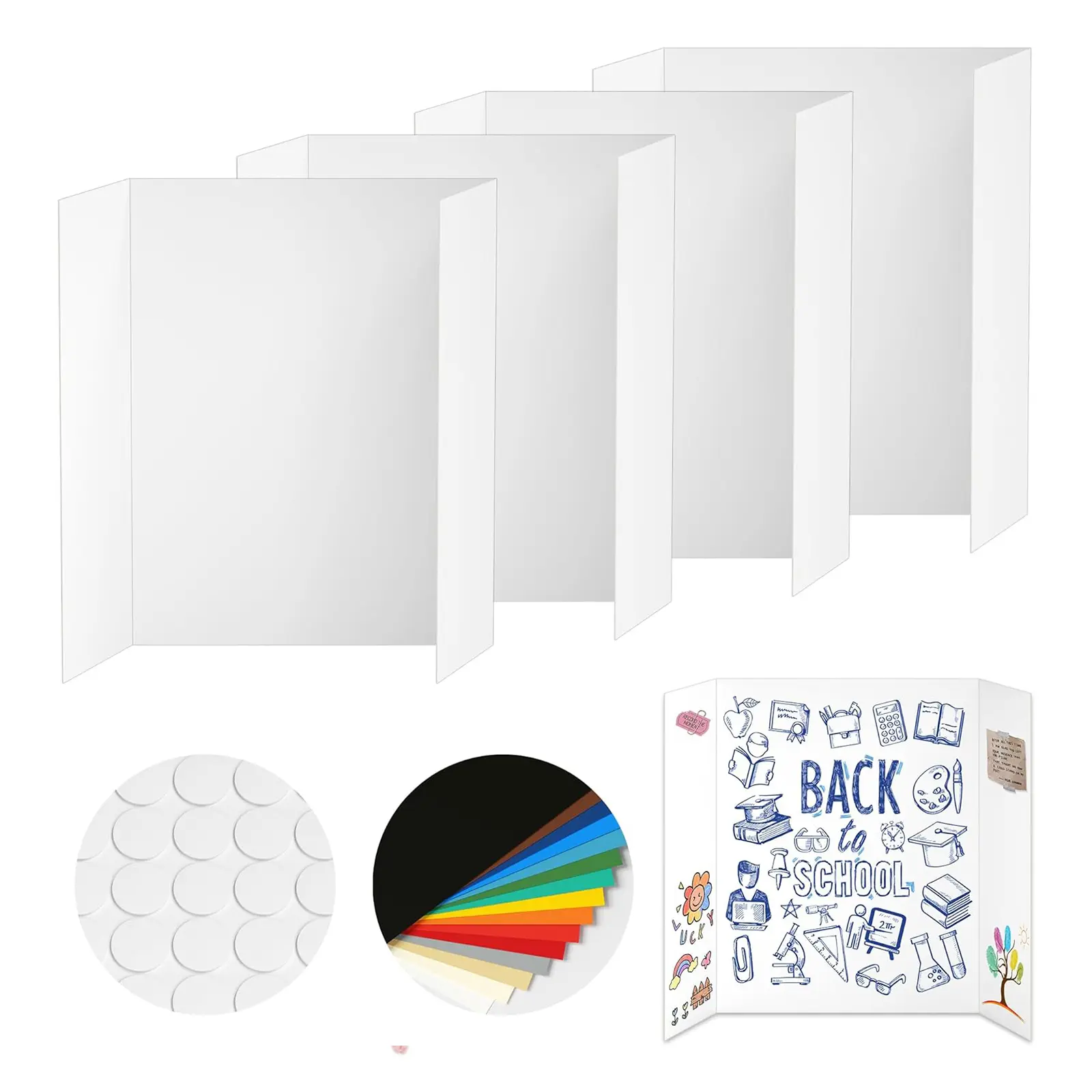 4 Pcs Small Trifold Poster Board, 21.5 x 14 inches Poster Board with Double Sided Tapes and Cardboard, Corrugated Presentation/Display Board for School Project, Science Fair, Business