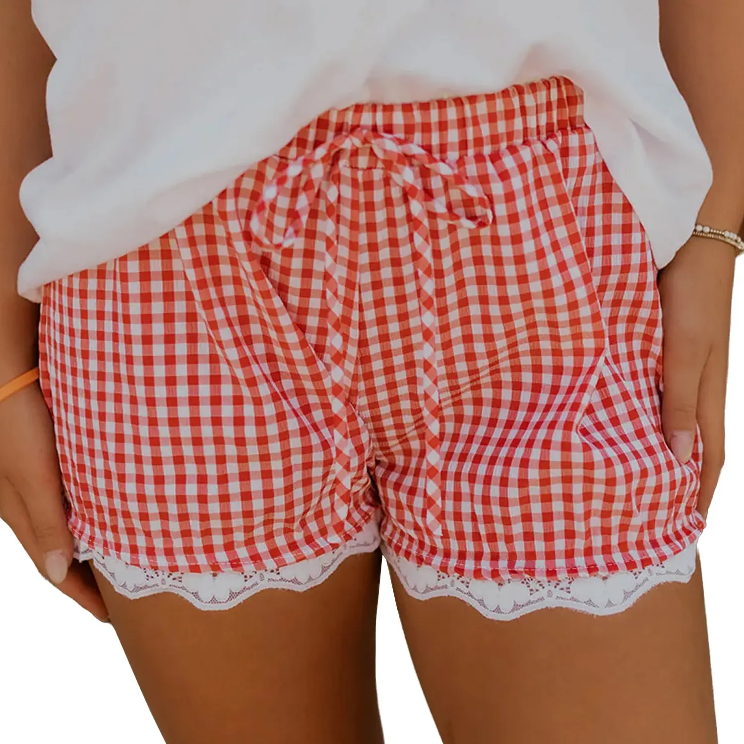 Asvivid Women's Casual Red Gingham Shorts with Lace Trim Comfy Waist Womenswear Summer Bottoms Breathable