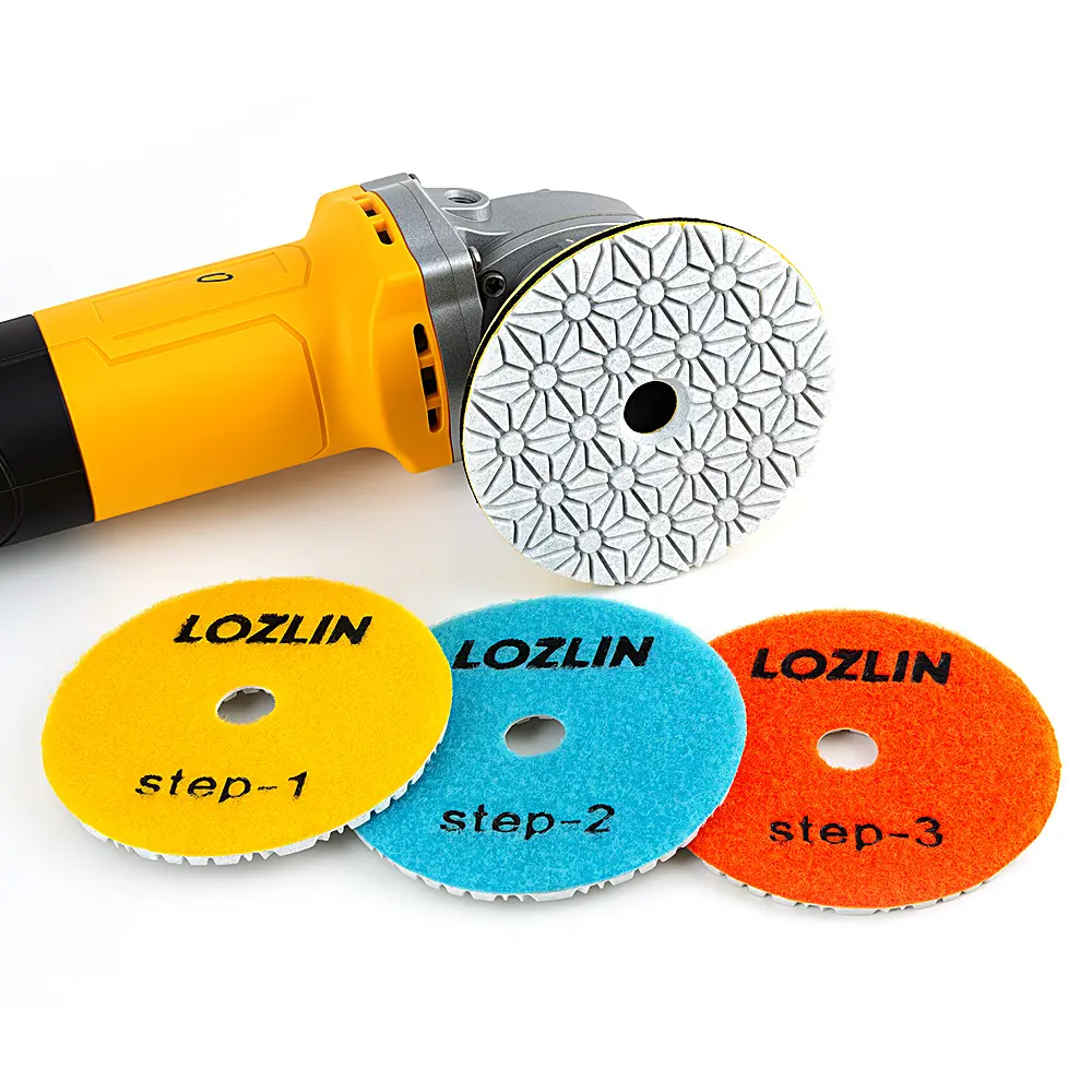 LOZLIN 4PCS Polishing Wheels Set, 4" Diamond Pads Polishes Wet-Use 3-Step Grinding Kit for Marble, Quartz & Granite, Water Grinding Power Tool Accessory