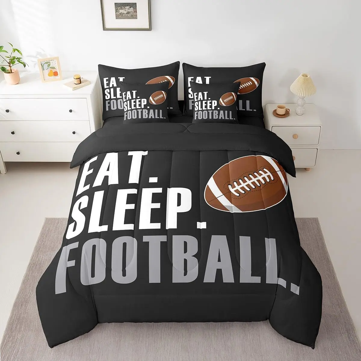 Feelyou 7-Piece Rugby Themed Bed-in-A-Bag, Football Bedspread Set with Sheets, Black Sports Ball Design, Gift for Sports Enthusiasts
