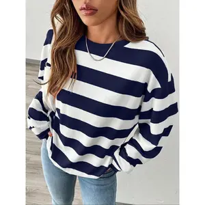 Women's Round Neck Striped Loose Long Sleeve Top, Casual Thin Fabric Spring & Fall Fashion, Comfortable Daily Wear for WomenGiftGift