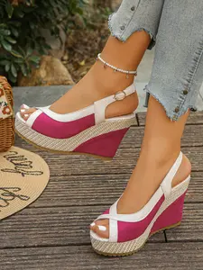 Women's Summer New Colorblock Fish Mouth Open Toe Thick Sole Chunky Heel Back Strap Sandals, Fashionable Casual Streetwear Shoes