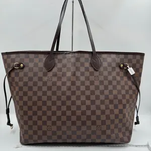 Pre-owned Louis Vuitton Coated Canvas with Leather Trim Tote Bags Neverfull GM Damier Ebene Tote Bag Coated Canvas with Brown Leather Trim & Red Striped Lining LV91Fei FL4101