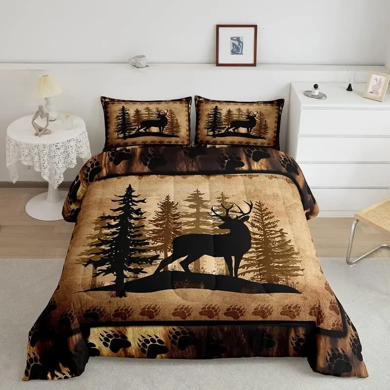 Feelyou Animal Theme Queen Comforter Set - Cute Deer & Rustic Bear Paw Print Bed Cover, Quilt Bedding, Bedroom Home Decor Accessory, Bedroom Gift, Bed Cover Set, Quilt Bedding Set