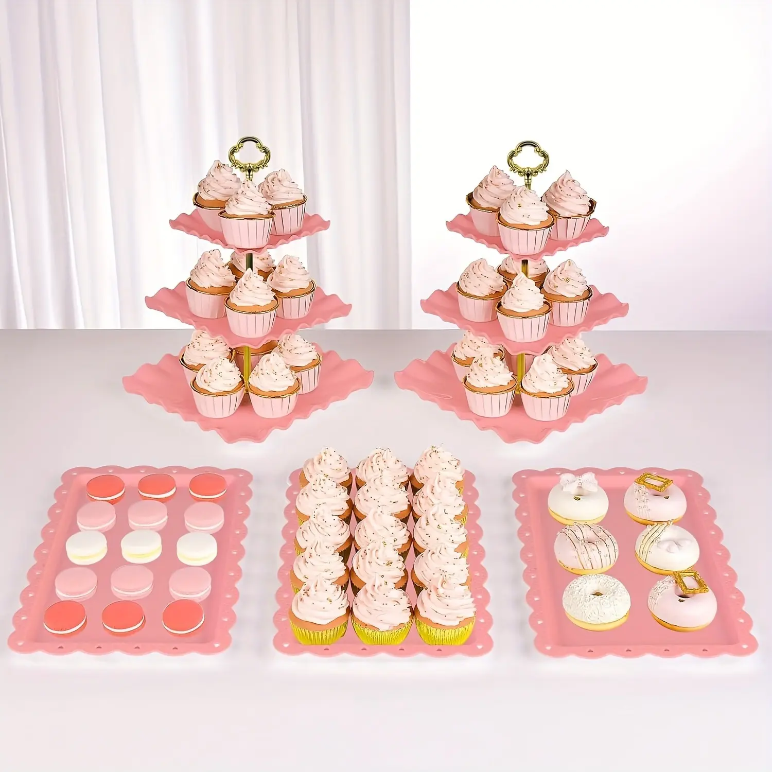 Sebastian CADIA 5-Piece Pastel Plastic Cupcake Display Set - Large Size Multi-Tiered 3-Tier Stand, Appetizer Trays for Wedding, Tea Party Events