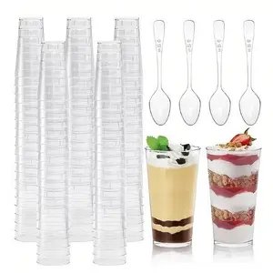 50-Pack 3oz Round Mini Dessert Party Cups with Spoons (Clear Plastic) for Yogurt Parfaits, Cheesecake, Pudding, Jello, Appetizers, Valentine's Day, Weddings,  New Year, and Anniversaries