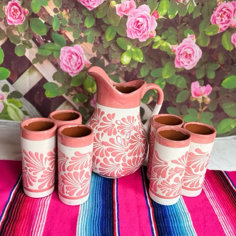 Engove Pitcher Relieve Color rosa/blanco con vaso  Set with Elegant Design and White Finish for Your Decor Needs... Floral Ceramic Decorative Mexican Jug Kitchen