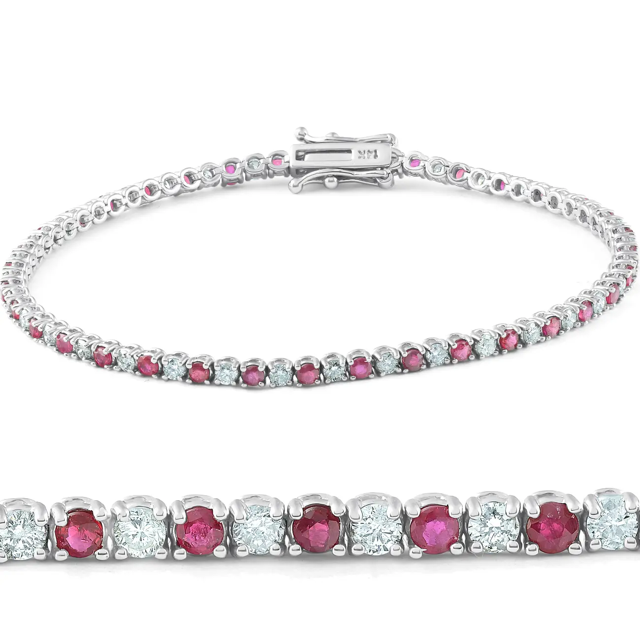 3ct Genuine Ruby & Real Diamond Tennis Bracelet 14K White Gold