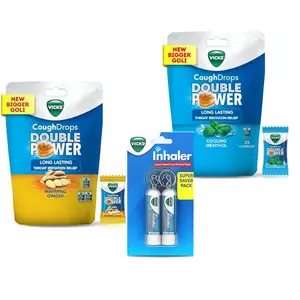 Vicks Menthol Ginger Drops 25 Counts Each with Inhalers 0.02oz/0.5ml 2ct Value Pack Bundle for Cold, Cough & Sore Throat Relief Xlear Nasal