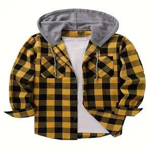 Men's Casual Plaid Hoodie Shirt - Long Sleeve Button-Up with Drawstring Hood, Red & Yellow Gingham Print, Polyester Blend, Comfortable and Stylish for Attire, Essential