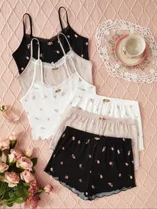 Women's Halloween Themed Ditsy Floral Print Cami Top & Lettuce Trim Shorts Pyjama Two-piece Set, Summer Outfits 2024, Casual Comfortable Loungewear Set, Ladies Sleepwear for All Seasons,  Fall Outfits 2024