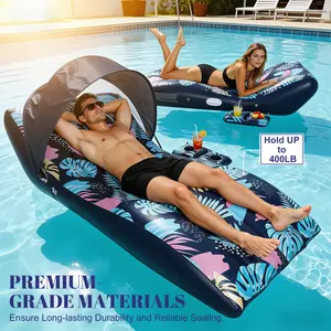 Pool Floats Lounger with UPF50+ Canopy Adjustable Inflatable Large Floating Chair Ergonomic Design with Cup Holders Perfect for Swimming Pool Beach Lake Party Dark Blue