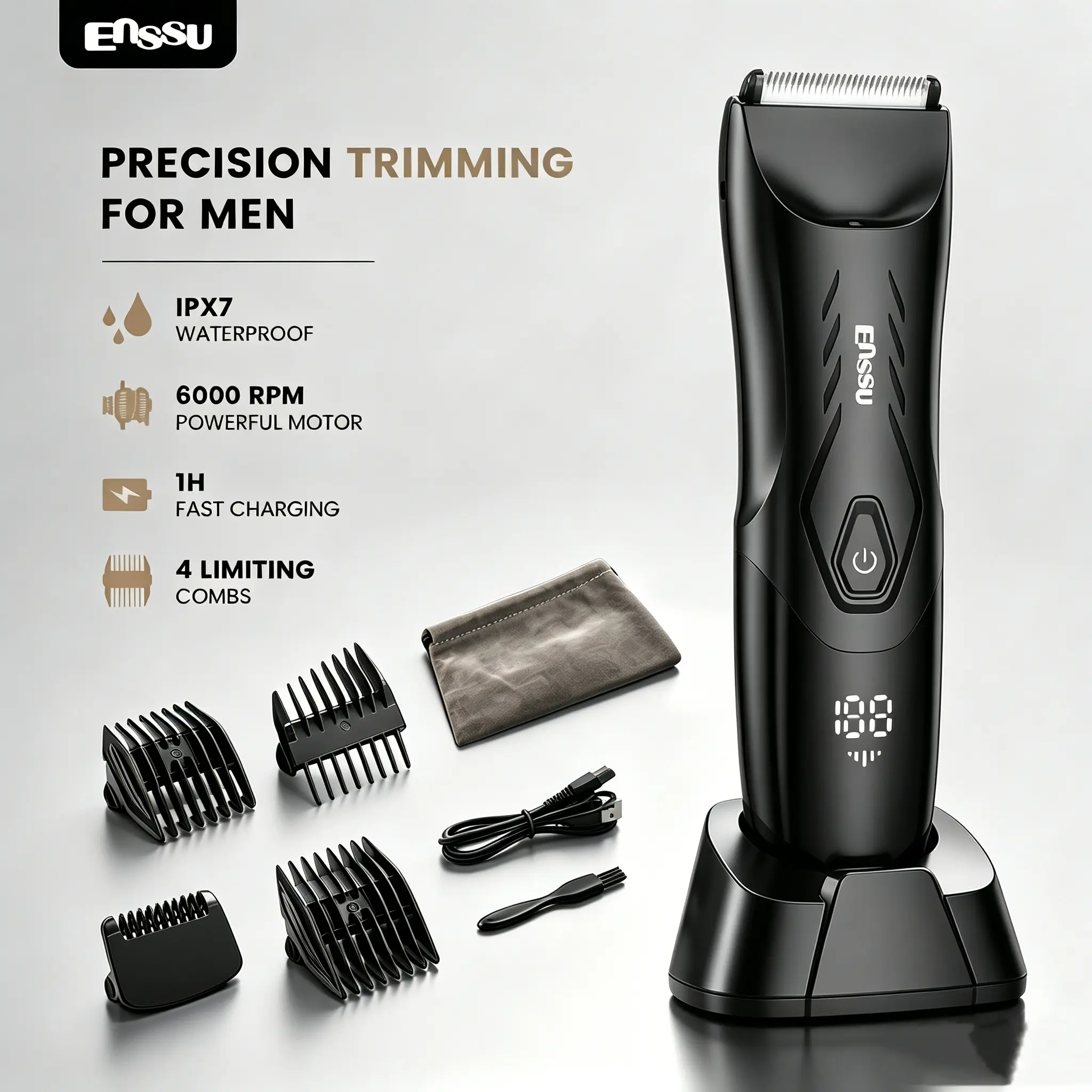 Enssu Men’s Electric Body Hair Trimmer – Precision Grooming Kit with Adjustable Combs, USB Charging, and Storage Pouch