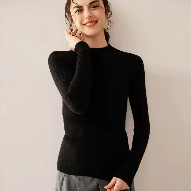 Pure Cashmere First-Class Apparel High-Neck Ribbed Knit Base Layer Cashmere Sweater for Women