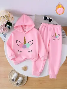 Fleece Hoodie Set with Unicorn Print, Cute Cartoon Design, Graphic, Warm & Cozy for Fall Winter, Casual Daily Wear, Pants