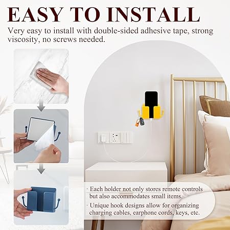 4Pcs Wall Mount Phone Holder Adhesive Wall Phone Mount Charging Stand and Remote Control Stand Multipurpose Socket Pocket Universal Deck Storage Box for Bedroom, Kitchen, Bathroom, Office